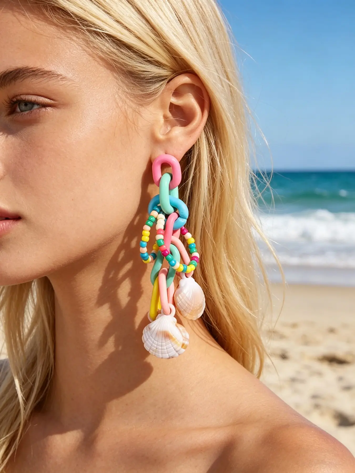 Boho Style Shell Earrings, Colorful Geometric Beaded Fringe, Fashionable Beach Jewelry, Perfect for Girls' Photoshoots and Playtime, Beachy Earrings, Dangling Earrings