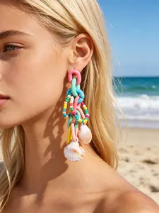 Boho Style Shell Earrings, Colorful Geometric Beaded Fringe, Fashionable Beach Jewelry, Perfect for Girls' Photoshoots and Playtime
