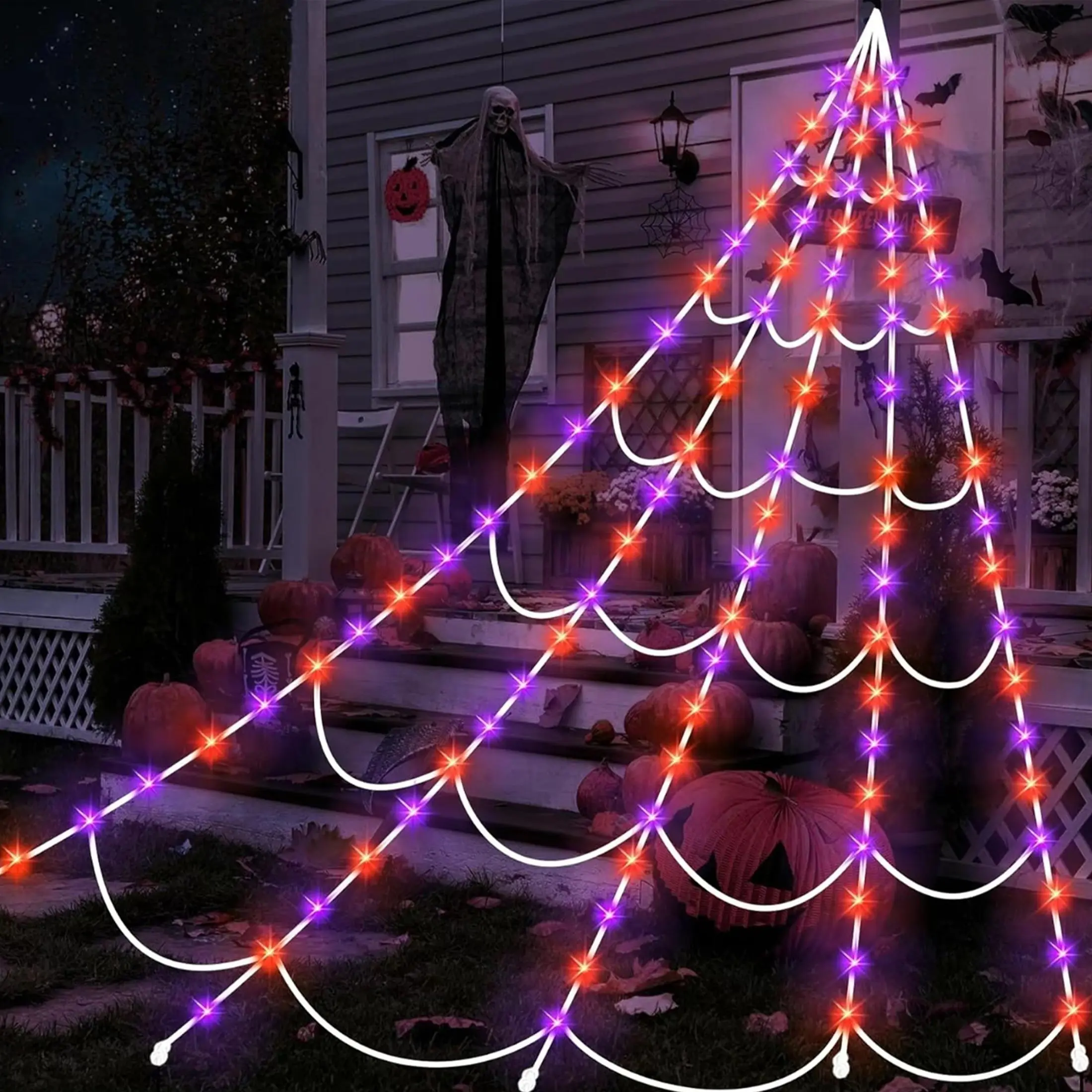 Outdoor Giant Halloween Spider Web LED Light, 8 Flash Modes with Remote, Waterproof Battery Box, 250 Leds, Home Garden Party Decor, Festive Decoration