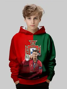 Boys' Cristiano Ronaldo Portugal Hoodie, Graphic Team Hoodie, Casual Fitted Design, Fall & Winter Wear, Random Print, Outdoor Fashion Essential