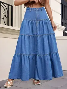Elegant Women's Denim Long Dress, A-Line High Waist with Washed Button Details, Non-Elastic Fabric, Casual Daily Wear