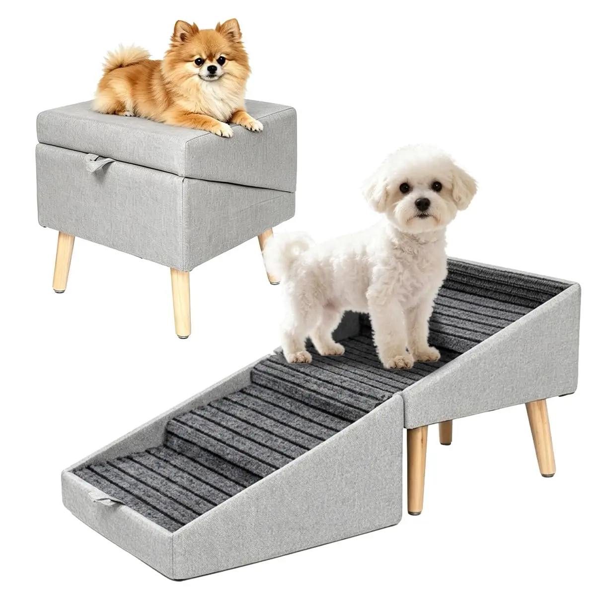 Dog Ramp for Couch Sofa and Low Bed, 13.5"H 2-in-1 Foldable Split Ottoman & Steps, Non-Slip Wooden Pet Stairs for Small Senior Injured Dogs & Cats Gray