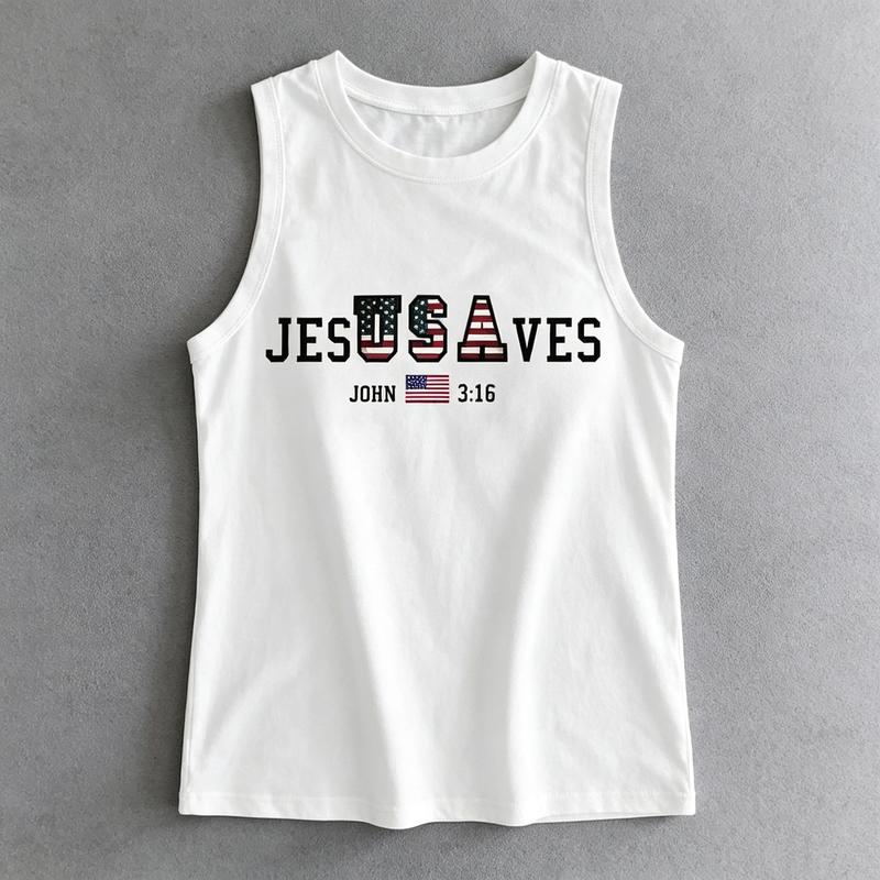 Men's Jesus Saves Printed Tank Top - Patriotic USA Flag, John 3:16, Fits Day Basic Casual Wear