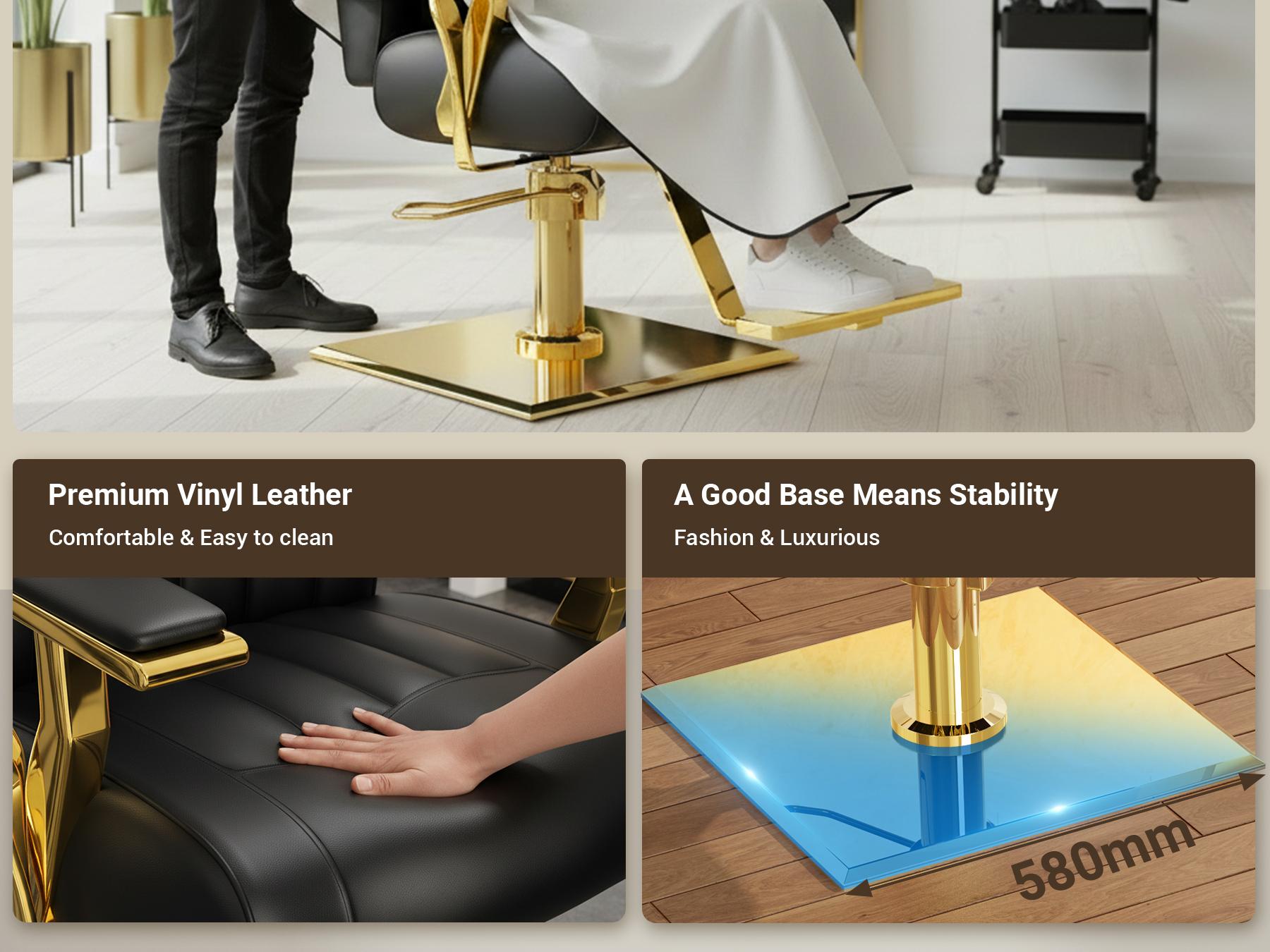 Baasha Luxury Black & Gold Reclining Salon Chair | Adjustable & Removable Headrest | 330lbs Heavy Duty Hydraulic Pump | High-Density Foam Soft PU Leather | 360° Swivel All-Purpose Styling Chair for Tattoo, Makeup & Hair Stylists