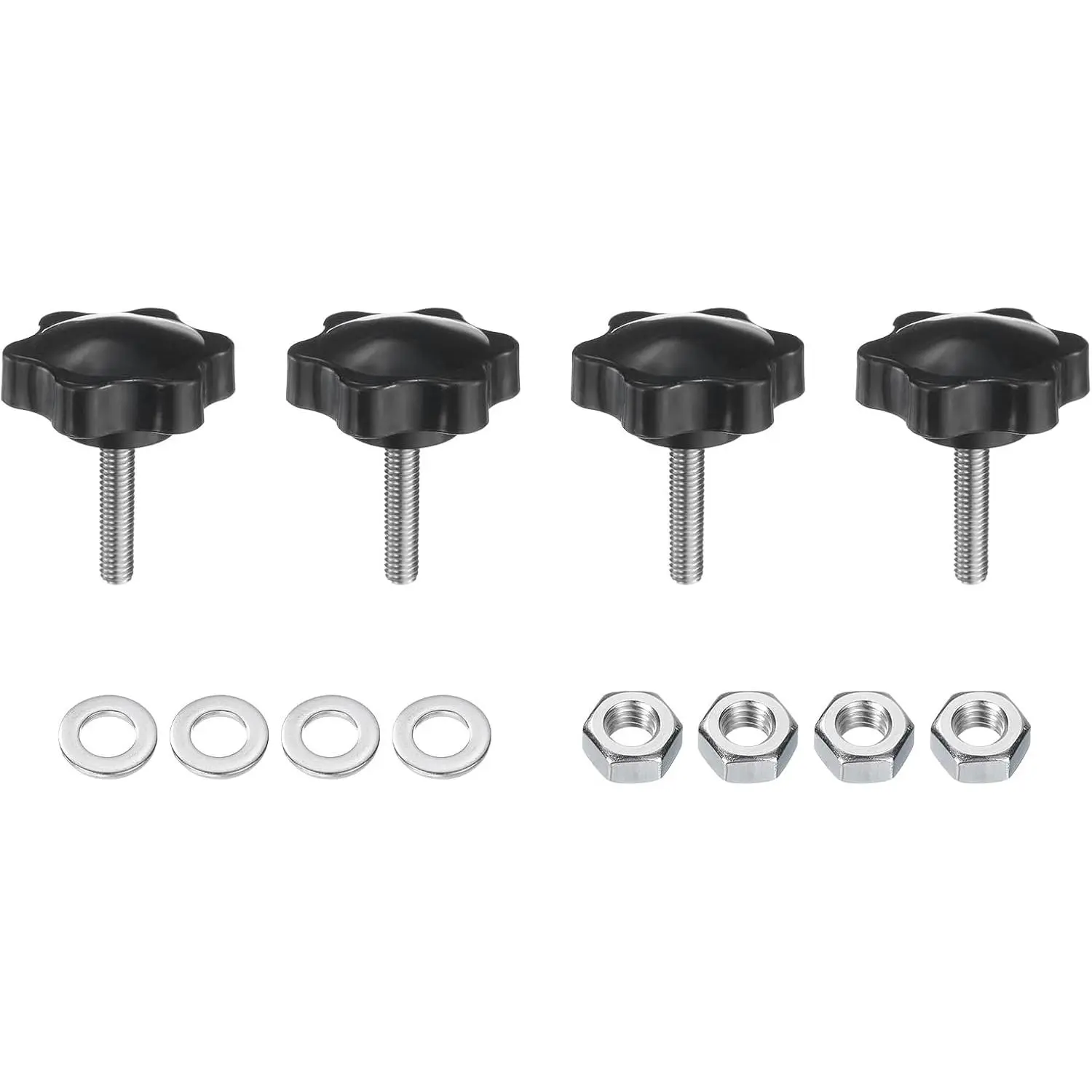 4-Count 304 Stainless Steel Clamping Knobs - M6 x 25mm Male Thread Stud Hand Knobs with Nuts & Washers, 38mm Black Plastic Handles, Oxidation-Resistant, Rust-Resistant, Anti-Slip for Machinery, Metal Lathes, Furniture