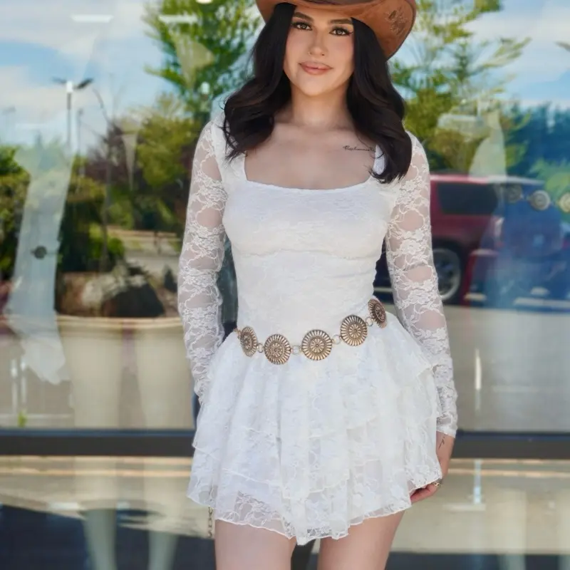 Ruffle Lace Dress with Long Sleeves and Layered Ruffles for Women