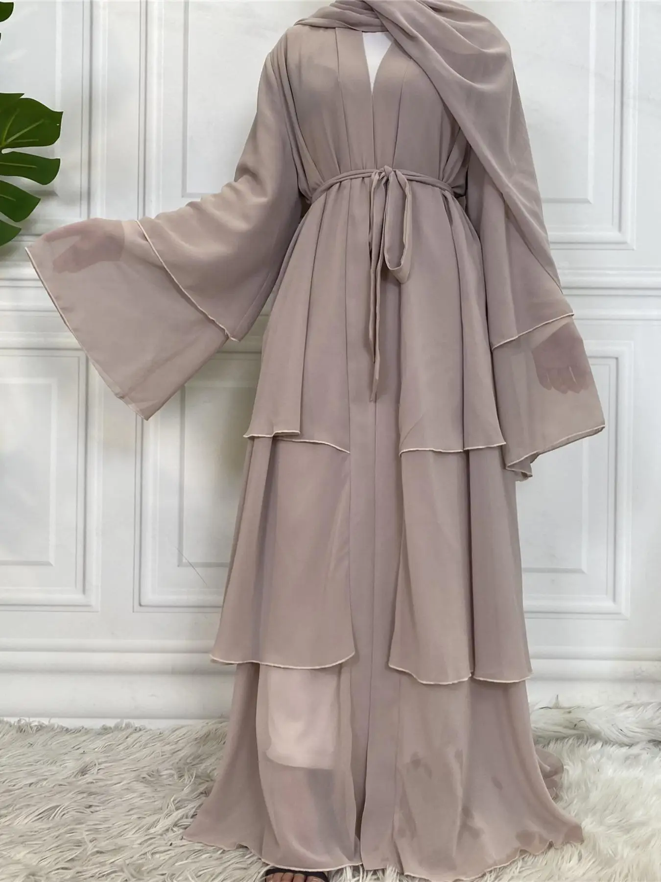 Women's Solid Color Chiffon Abaya, Elegant Long Sleeve Open Front Belted Dress for Party Wedding Guest, Ladies Islamic Clothing for All Seasons