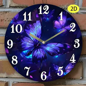 1pc Elegant Purple Butterfly Wall Clock - Modern Minimalist Large Face with Glowing Hands, Non-Ticking Silent Movement, Dark & Purple Floral Design - Battery-Powered, For Living Room, Bedroom, Office, Kitchen - Valentine'S Day Gift, Home Decor