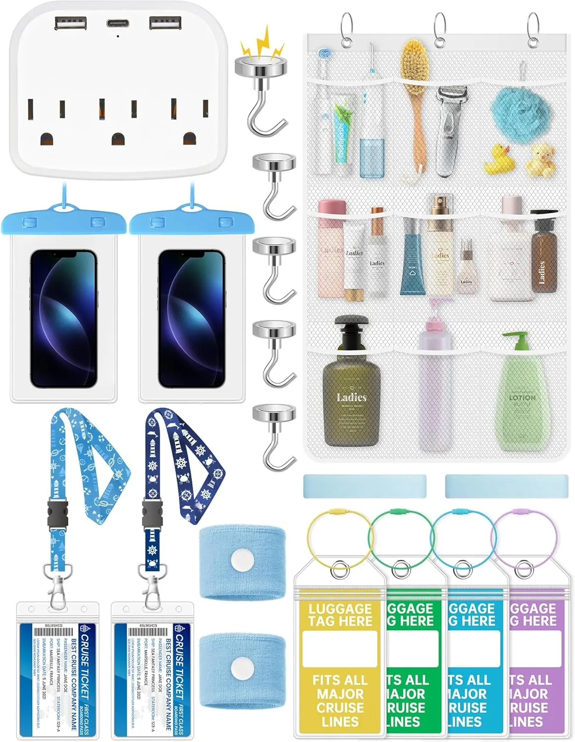 19-Piece Durable 2026 Cruise Essentials Kit with Space-Saving Smartphone Accessories, Power Strip, Waterproof Phone Bags, Luggage Tag Holders, Magnetic Hooks, Cruise Card Lanyards, Towel Bands, Anti-Seasickness Bands, Shower Organizer Bag, Phone Covers