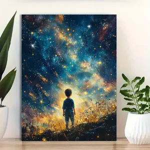 A Canvas Print of a Boy Shooting Stars for Astronomy Enthusiasts, Watercolor Science Enthusiast Observatory Poster with Exquisite Frame, Suitable for Young People's Room Decoration, Young People's Room Art|Dreamy Night Sky|High-quality canvas material, as