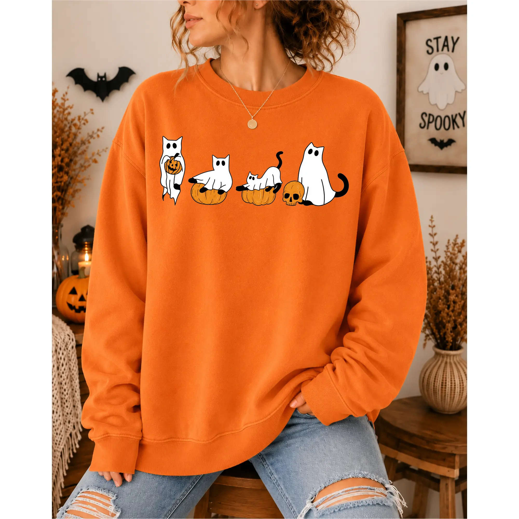 Cute Ghost Cats Halloween Sweatshirt, Funny Spooky Season Cat Lover Graphic Crewneck, Pumpkin Skull Aesthetic Fall Pullover, Gift for Her, Unisex