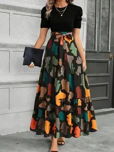 Elegant Women's Casual Patchwork Floral Fitted Dress for Valentine's Day, Perfect for Dates and Daily Wear, Stylish Comfortable Attire