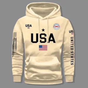 Men's Hoodie - Off-White Long Sleeve with American Flag Print, Casual & Fashionable 3039