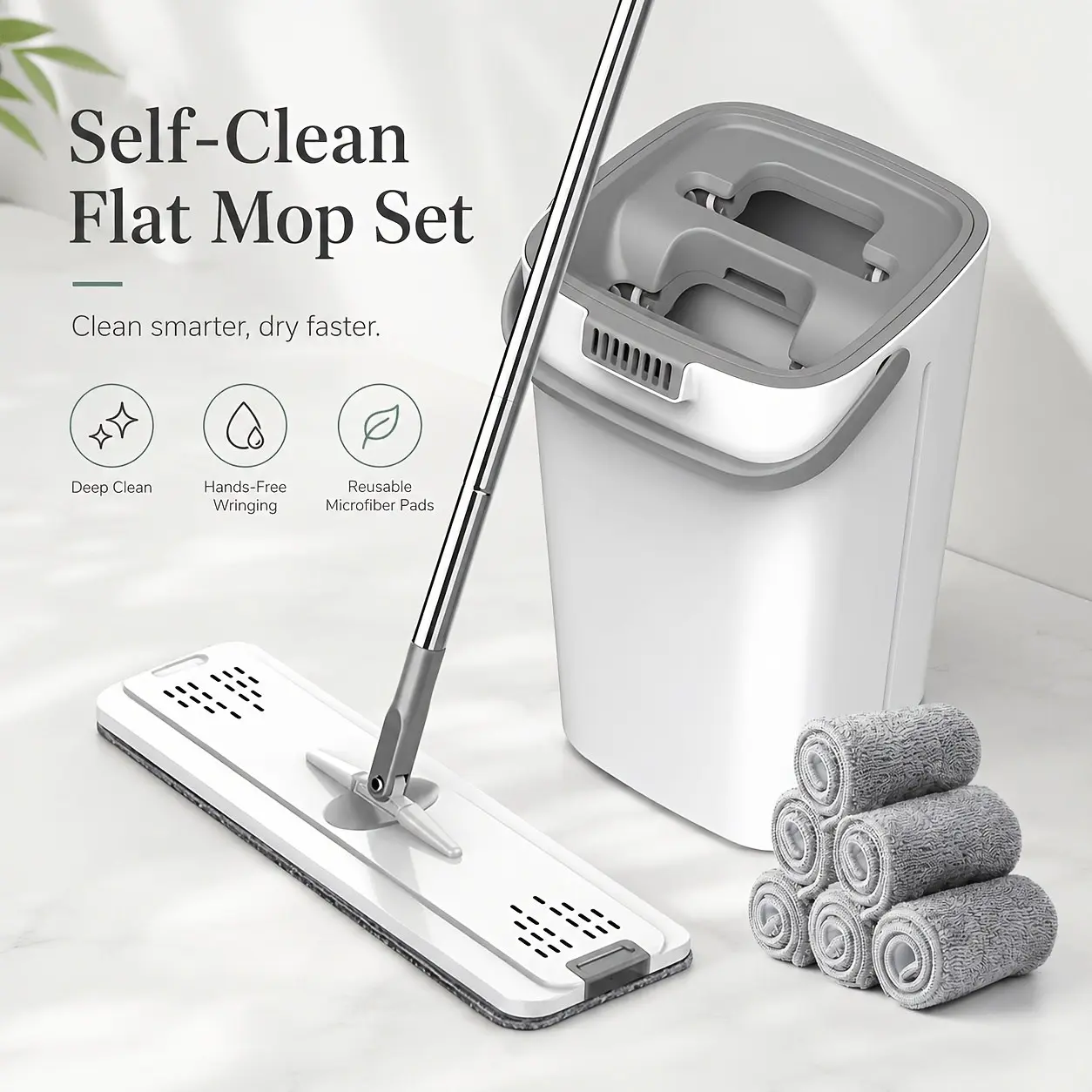 Self-Cleaning Flat Mop And Bucket Set with 6 Washable Microfiber Pads, Hands-Free Wringing Wet Dry Floor Mop for Hardwood, Tile, Laminate, Kitchen, Bathroom, Bedroom & Home Cleaning