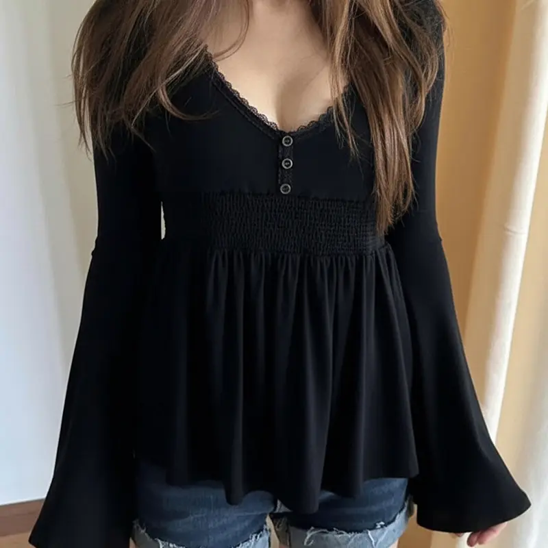 Lace Patchwork Low Neck Flare Sleeve Round Neck Pure Desire Ruched Doll Top, Elegant Women's Casual Fashion Shirt, Knit Casual Top