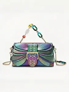 Multicolor Pearl Embellished Wing Shaped Crossbody Bag with Metallic Rivets Gradient Ombre Design Elegant Evening Clutch for Women Trendy Butterfly Inspired Shoulder Bag Fashionable Chain Strap Handba