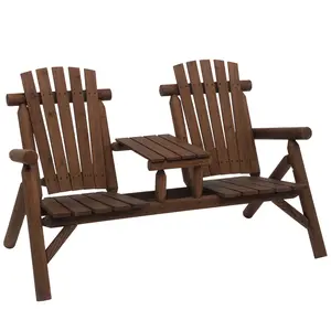 Wood  Patio Chair Bench Carbonized 2 Seat Wood Bench With Center Coffee Table For Patio Or Garden High Backrests And Wide Armrests 330 Lbs Per Seat