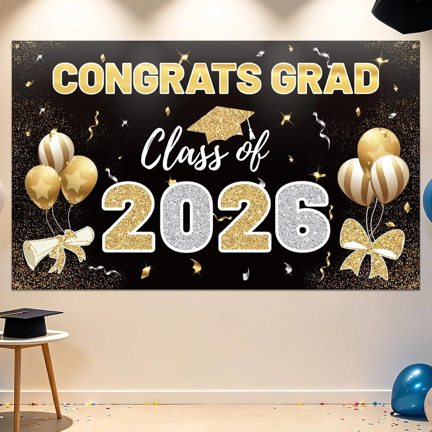 2026 Graduation Wall Banner, Foldable Photo Backdrop, 70.8x43.3 in Black Gold Home Supply Organizer