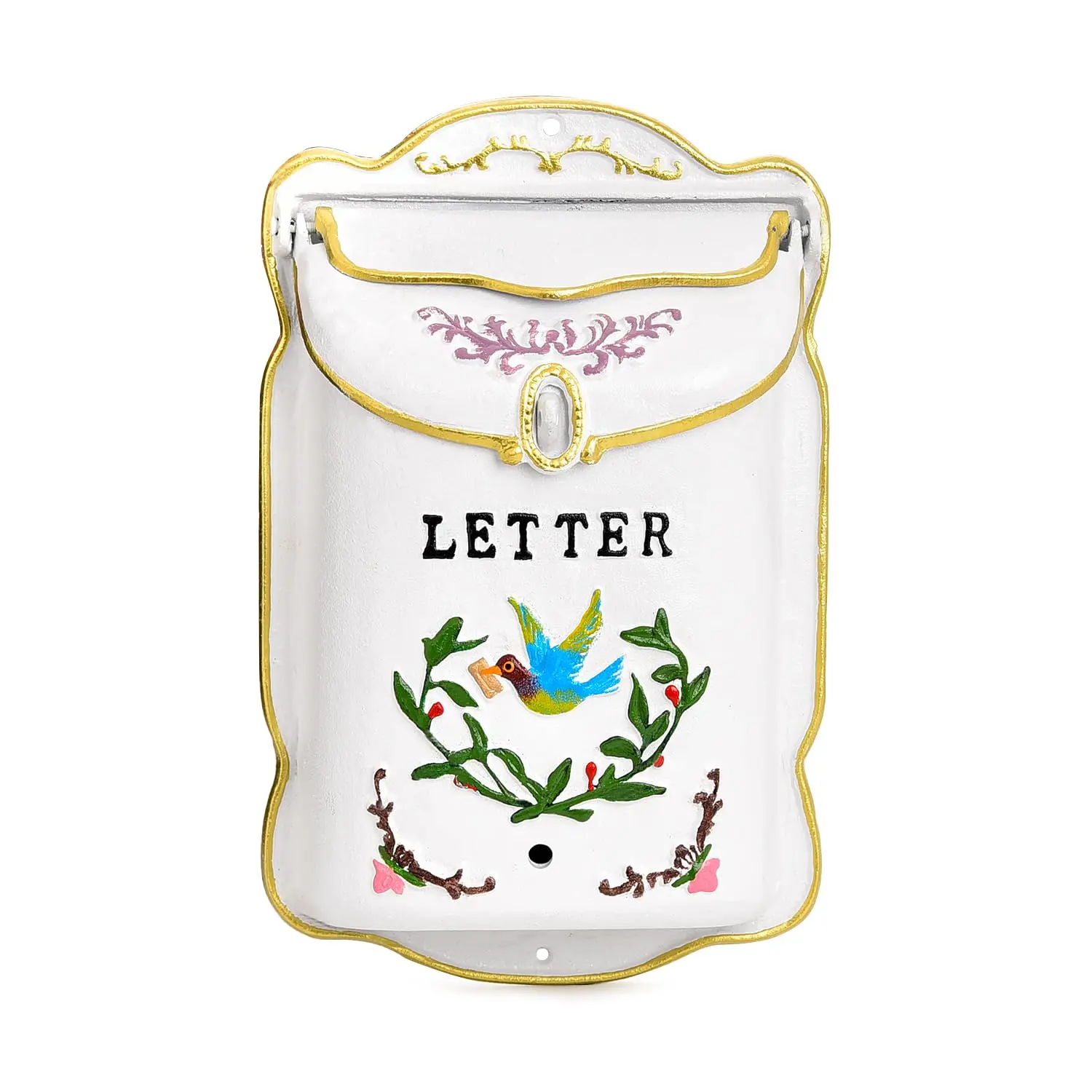 Sungmor Cast Iron Wall-Mount Locking Mailbox, Vintage White Country-Style Outdoor Post Box, Heavy-Duty Decorative Charming Design Mailbox for Garden Front Porch Entryway House Decor