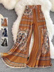 Women's Vintage Bohemian Nut Flower Pants, High Waist Elastic Ruffle Wide Leggings, Beach/lunch/summer Casual Wear