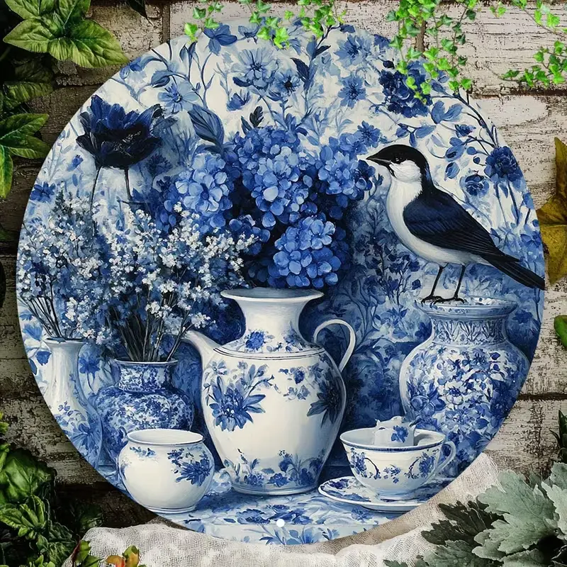 Vintage Chinoiserie Round Metal Wall Artwork - Classic Artistic Decoration, Blue White China Vases, Black White Bird, Floral Design, Waterproof Tin Sign, Easy Install for Indoor-Outdoor Porch Kitchen, Gift for Decor Enthusiasts