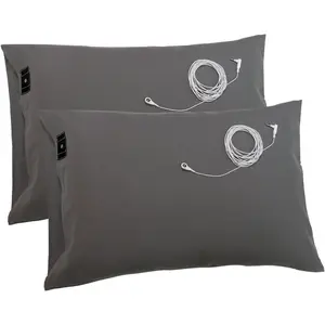 Grounding Pillowcases, 20x30 Inch,Grey Grounding Pillowcases with Grounding Cords,Soft Cotton  Fiber Grounding Pillow Case for Better Sleep (Pack of 2)
