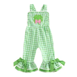 Toddler Girls St. Patrick's Day Outfit Baby Ruffled Sleeveless Shamrock Bell Bottom Jumpsuit Green Plaid Suspender Bow Overalls Romper Pants