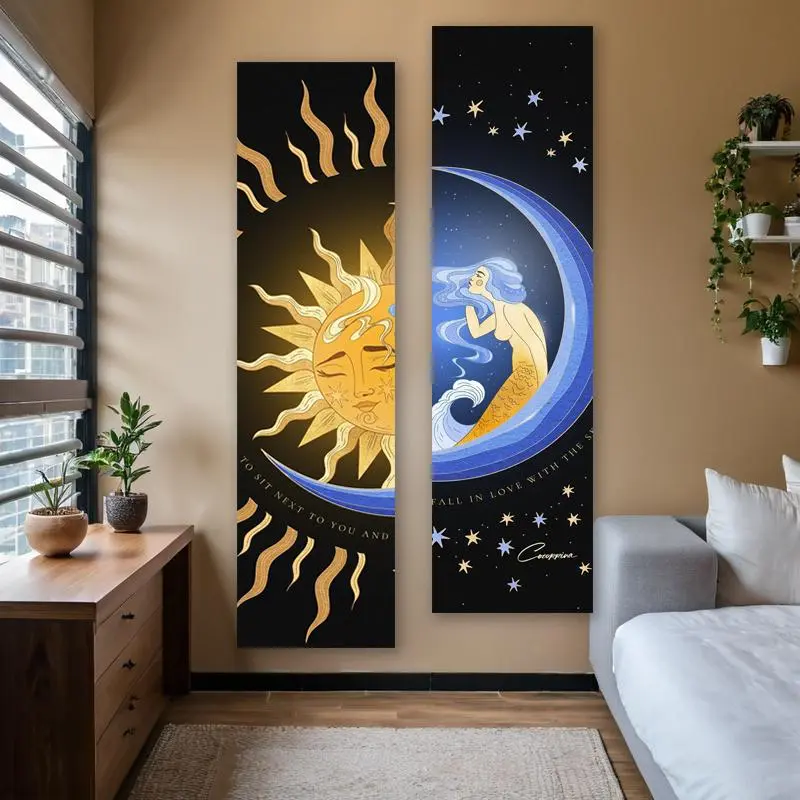 Mermaid & Sun Pattern Tapestry, 2 Counts/set Vertical Banner Tapestry, Wall Hanging Decor for Home Living Room Bedroom Dormitory