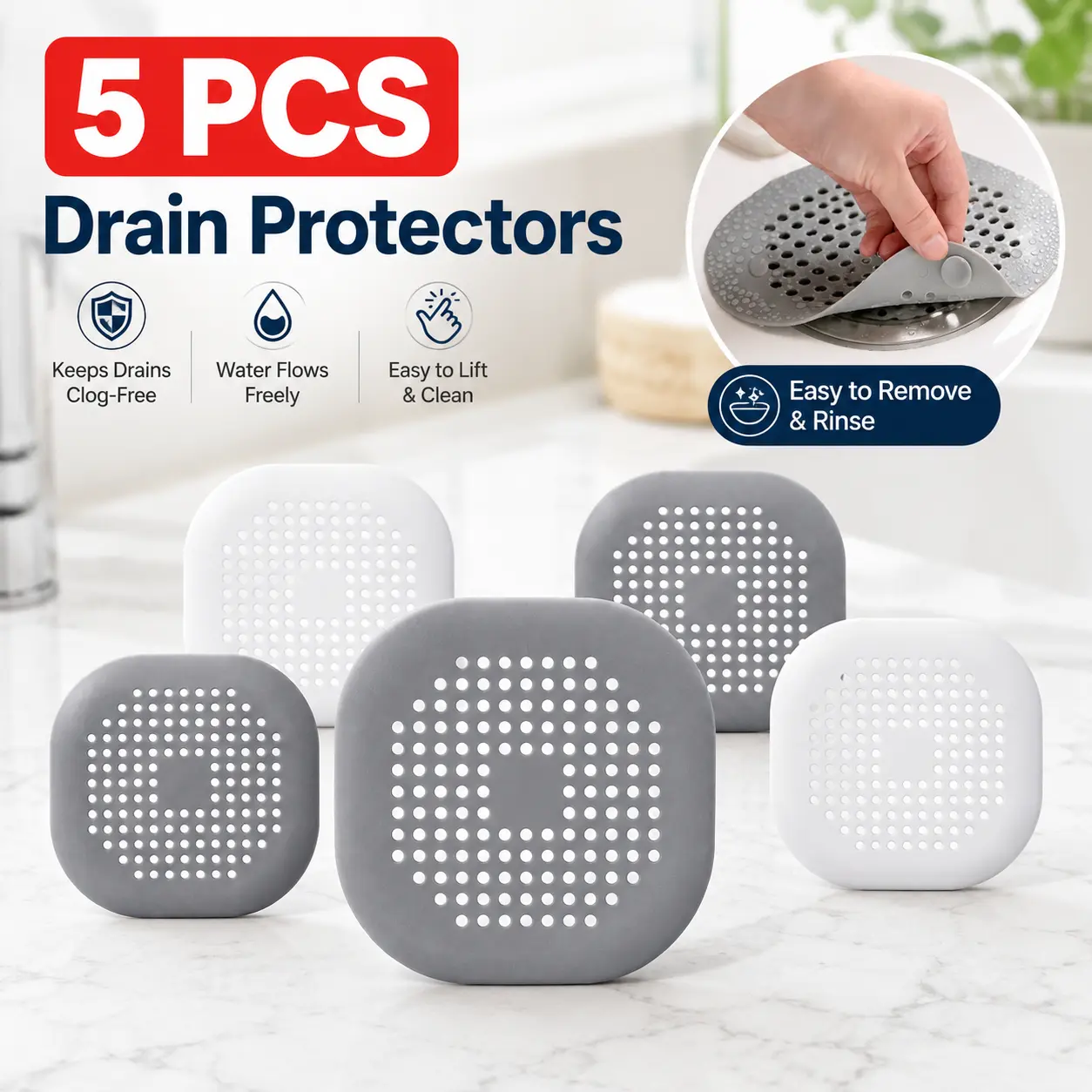 5 Pack Silicone Hair Catchers for Shower – Drain Protection Cover for Bathroom Sinks & Bathtubs, Reusable Drain Strainer to Prevent Clogs, Universal Fit Drain Guard