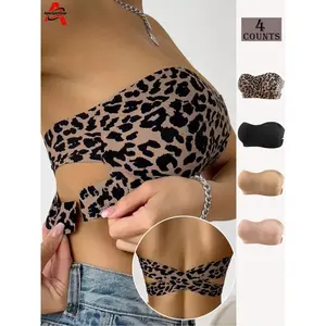 ApexSportGear Women's Backless Bralette Set, Leopard & Solid Colors, Adjustable Straps, Crisscross Buckle Design, Comfortable Detachable Pads