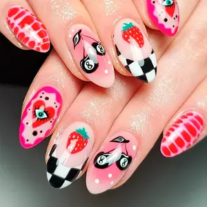 24-piece almond-shaped acrylic press on nails It features a variety of patterns such as black and white checkered graffiti, red crocodile patterns, cute strawberries, and white polka dots This sweet and cool fake nail