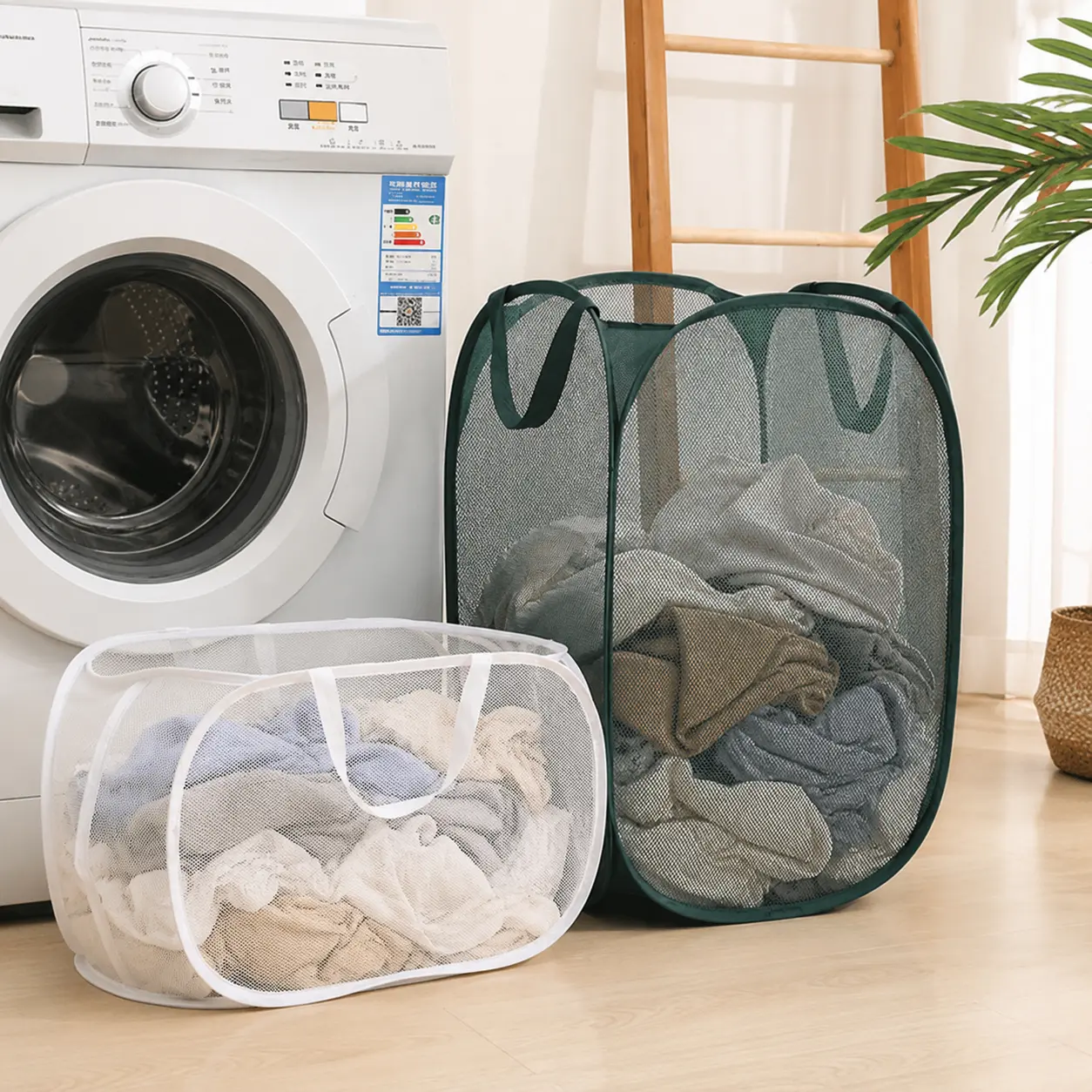 Pop Up Laundry Hamper, Collapsible Mesh Laundry Basket with Side Pocket, Foldable Dirty Clothes Hamper with Sturdy Reinforced Handles for Home Dorm Bedroom Travel Bathroom Storage, green and white