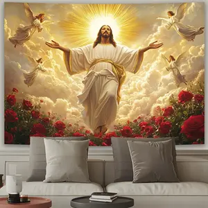 Jesus Icon Rose Angel Tapestry, Flower Pattern Tapestry, Christian Faith Background Cloth, Sacred Healing Style Wall Art for Living Room, Bedroom, Dormitory Decor, Tapestry Wall Hanging