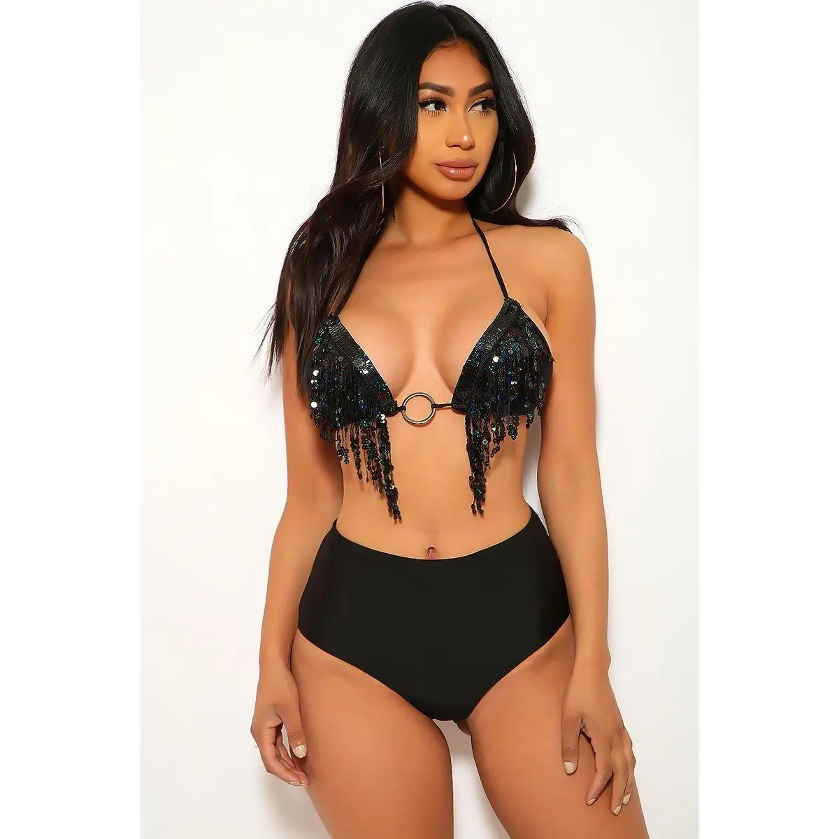 Black Fringe Sequins Two Piece Swimsuit