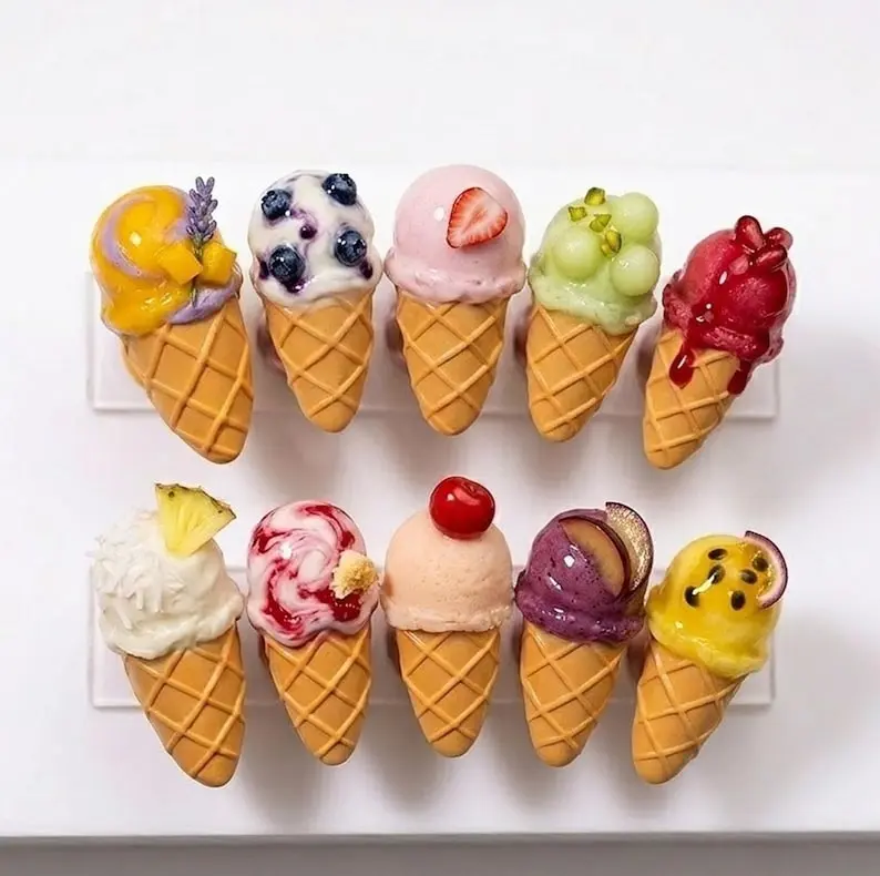 3D Ice Cream Press On Nails Realistic Waffle Cone Tropical Fruit And Berry Accents Sweet Summer