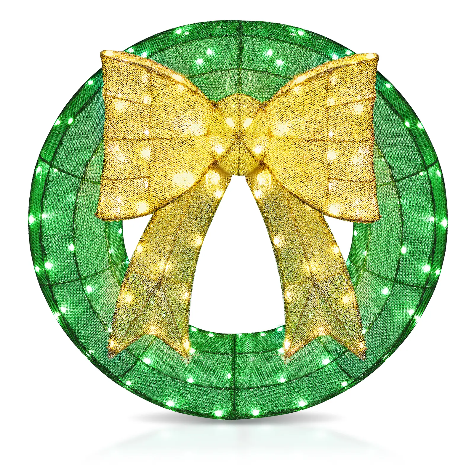 24in Pre-lit Outdoor Christmas Wreath Decoration, Lighted Metal Wreath with Golden Bow, Green and Warm White LED Lights, for Front Door Gate Wall Indoor Outdoor Holiday Party