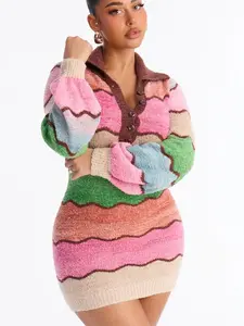 Sweet Treat Long Sleeve Sweater Mini Dress - Pink/combo