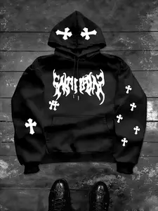 Men's Casual American Letter Print Sweatshirt, Long Sleeve Fleece Lined, Trendy Cross Design, Fall & Winter Fashion Hoodie