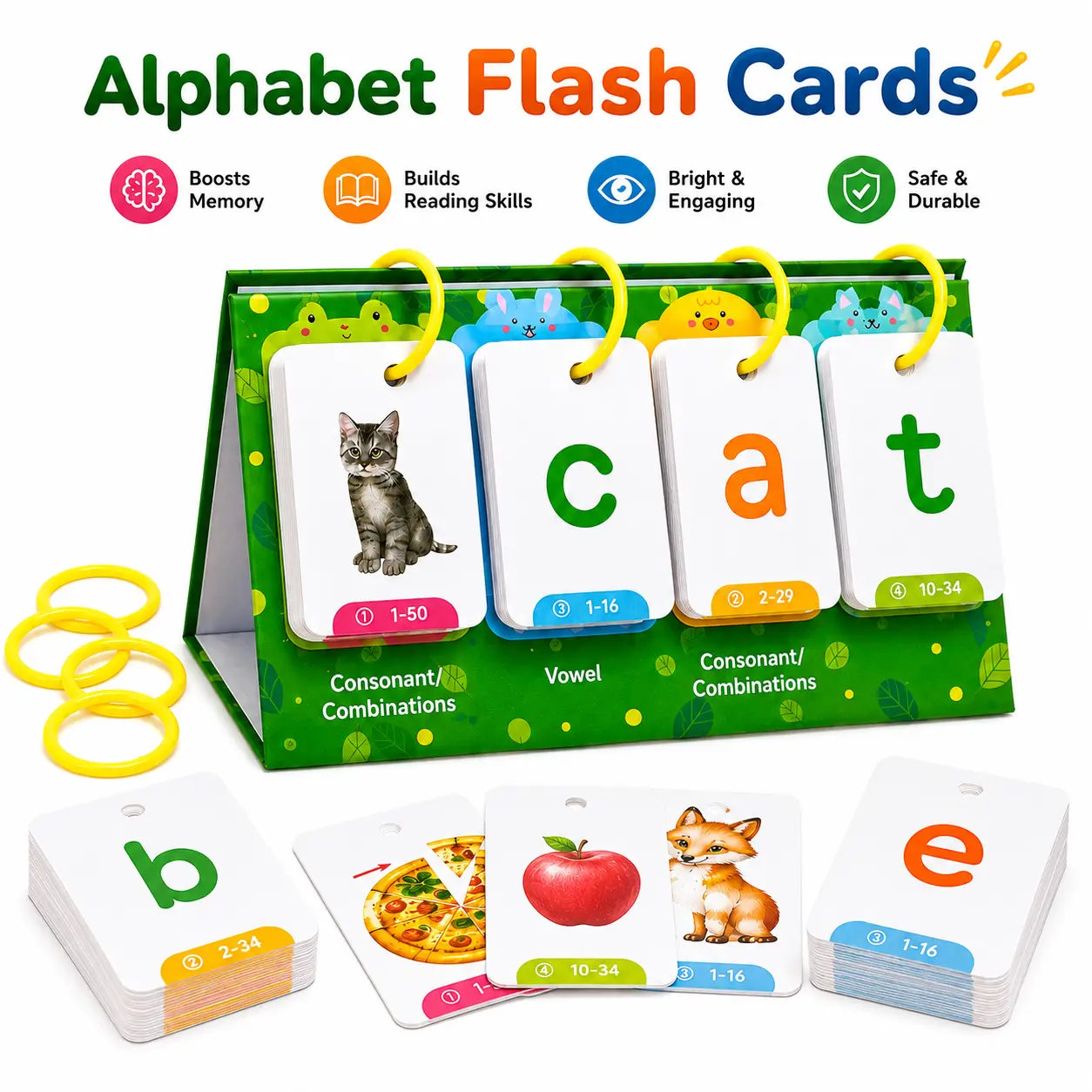 129-Piece Double-Sided CVC Word Flip Charts Desktop Set - Preschool Language Learning Flash Cards, Interactive Game Study & Letter Study Cards Educational Toy