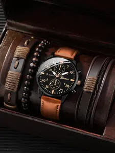 Men's Fashion Simple Pu Leather Strap Digital Pointer Quartz Watch, with Beaded & Braided Bracelet Set,  Trendy All-match & Exquisite Watch Set for Birthday Gift without Box