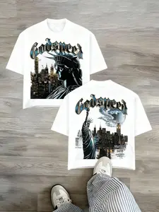 Godspeed Statue Night Scene Cotton Short Sleeve T-Shirt, Oversized Loose Fit, Unisex, Vintage Street Style, Summer Comfort