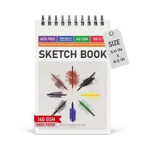 BEECHMORE BOOKS 5.6"x8.5" Spiral Sketchbook – 140 GSM Acid-Free Paper, 100 Perforated Pages, A5 Art Sketch Pad for Drawing & Sketching, Artists, Adults