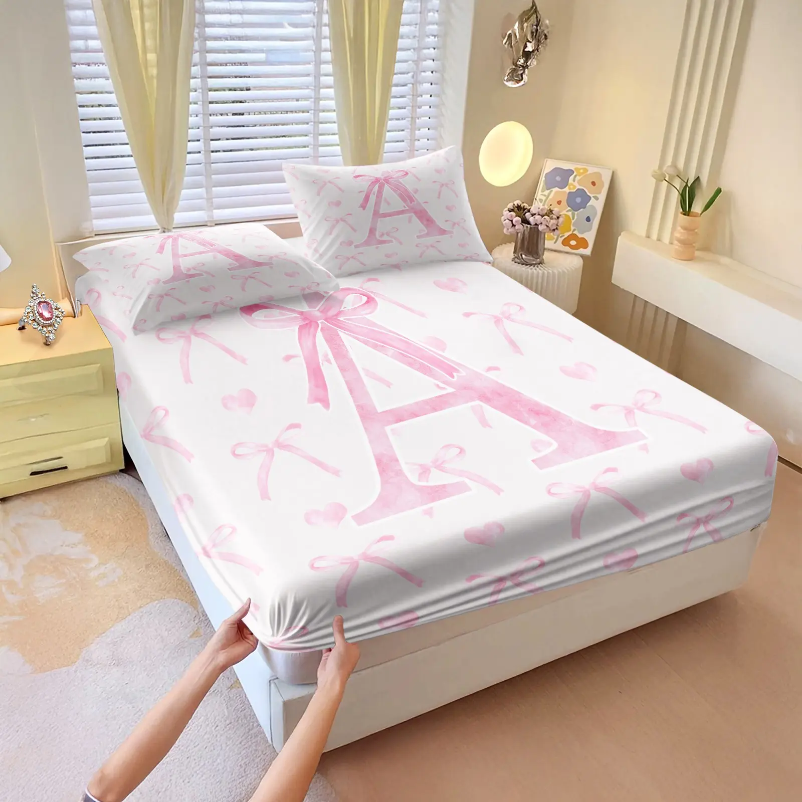 Lovely Bowknot & Initial "A-M" Fitted Sheet Set,Includes 1 Fitted Sheet with 2 Pillow Cases,Sweet Romantic Cute Bed Sheets Set,Beautiful Elegant Bedding Set,Great for Bedroom,Dorm,Apartment & Girls Room Decor,Soft Comfy Bedding
