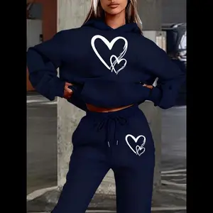 Women’s Hooded Sweatshirt Set, Warm Autumn & Winter Wear, Hand-Drawn Heart Print, Sweet Casual Style, Loose Fit