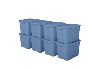 Sterilite Large Storage Bin, 18 Gallon Durable Plastic Storage Tote with Snap-on Lid, Light Blue, 8 Pack