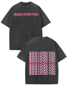 's & 's 230g Heavyweight T-Shirt - Jesus Loves You Pink Print & Verse Back Design, Double-Sided Washed Tee for Church, Religious Gifts, Year-Round Casual Wear (Short Sleeve Round Neck) Streetwear Vintage
