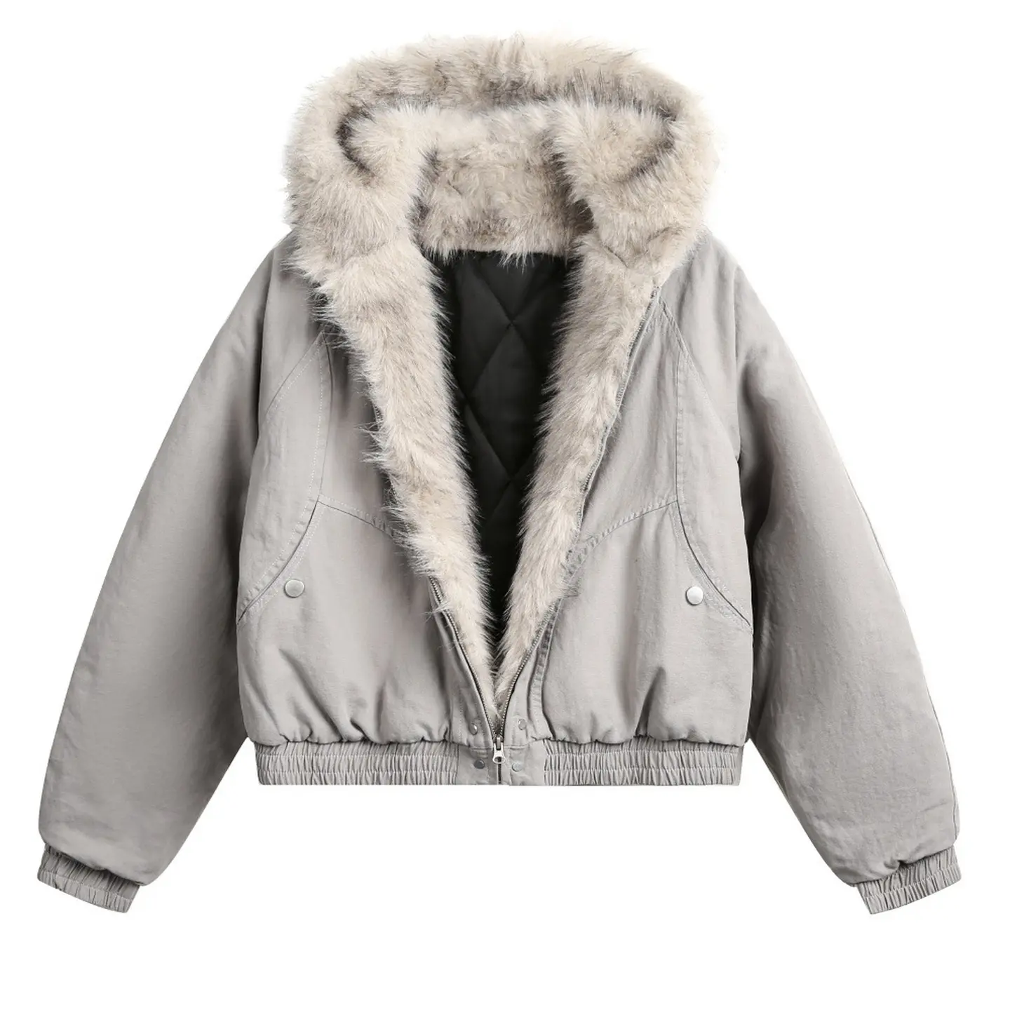 Inflation Faux Fur Trim Hood Cropped Bomber Jacket Oversized Padded Quilted Lining Snap Button Streetwear Outerwear Layering 2026 Winter