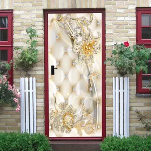 2pcs Luxury Gold Floral Wall Stickers with Diamond Inlay Self Adhesive Waterproof Removable Decorative Door Stickers for Living Room Bedroom Modern Simple Home Wall Decoration Collage Self-Adhesive Door