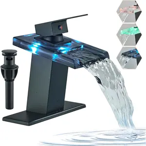 LED Bathroom Sink Faucet, Matte Black Bathroom Faucet Single Handle Waterfall Glass Spout Vanity RV Bathroom Faucets for Sink 1 Hole with Pop Up Drain and Water Supply Lines Modern