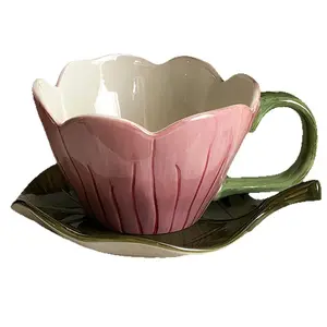 Hand Painted Yellow Tulip Floral Ceramic Coffee Mug and Tea Cup with Saucer Set - Unique Art, Gradient Leaf-Shaped Stylish Home Supply, Gift-Ready Festive Gift for Her